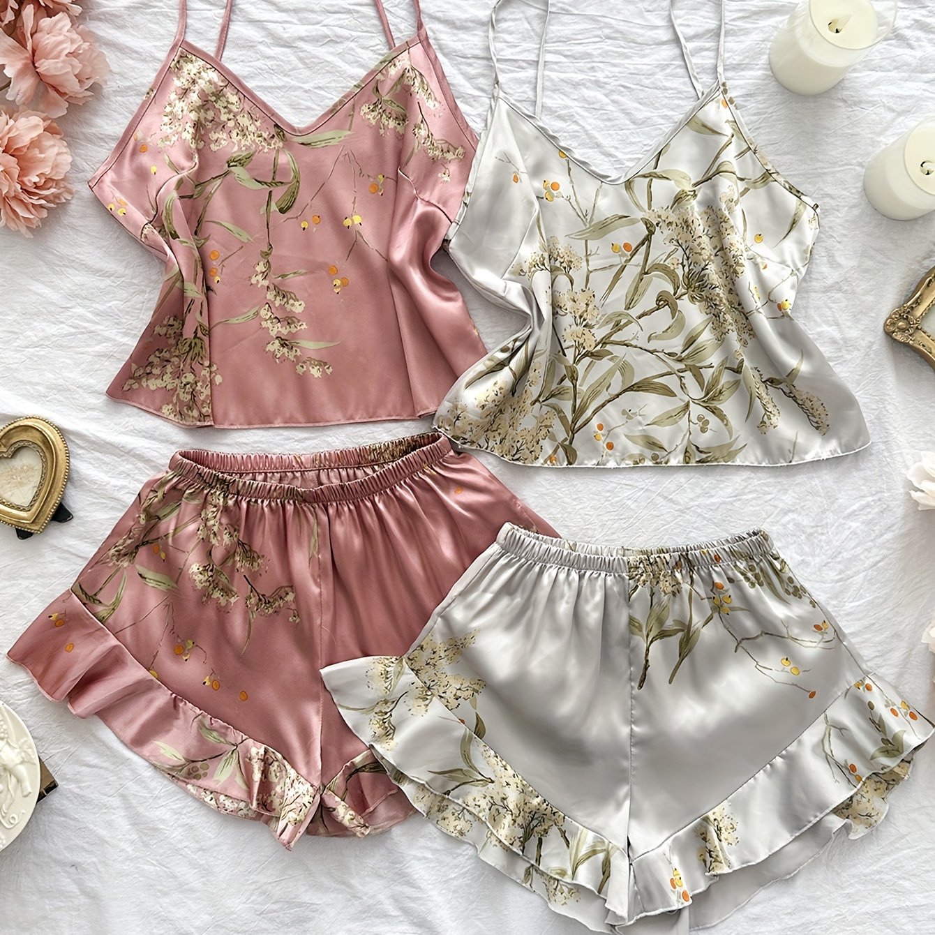 Floral Print Satin Pajama Set with V Neck Crop Cami Top & Ruffle Hem Shorts