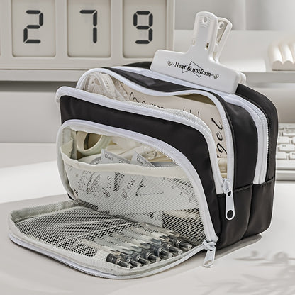 Large capacity pencil case with transparent window, durable Oxford fabric, perfect for students & office essentials.