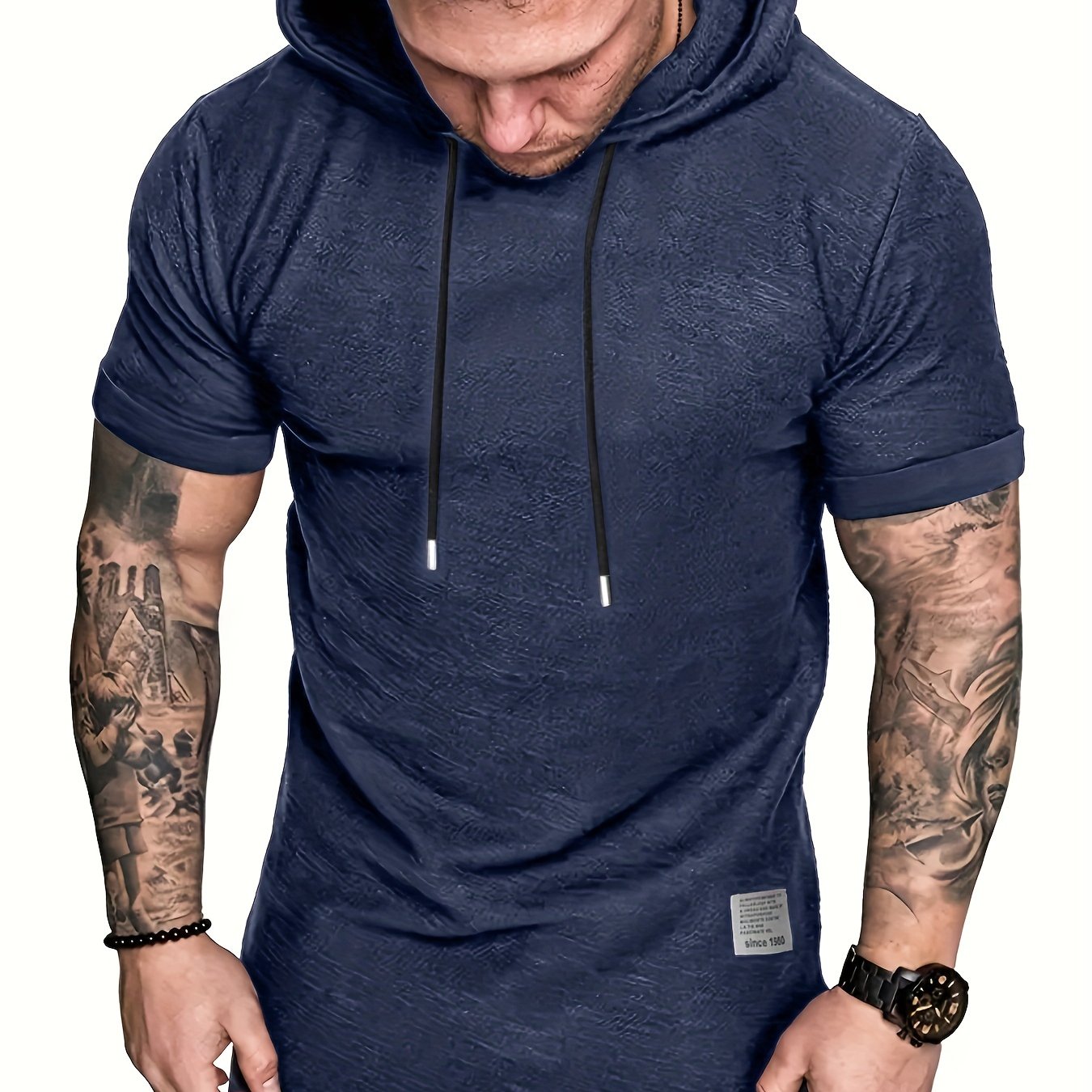 Men's plus size hooded t-shirt with short sleeves and drawstring, perfect for summer comfort.