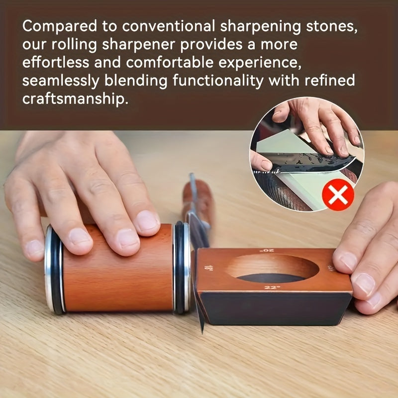 Multi-functional Adjustable Angle Roller Knife Sharpener for Kitchen and Dining Use, Operated Manually with Wood Base