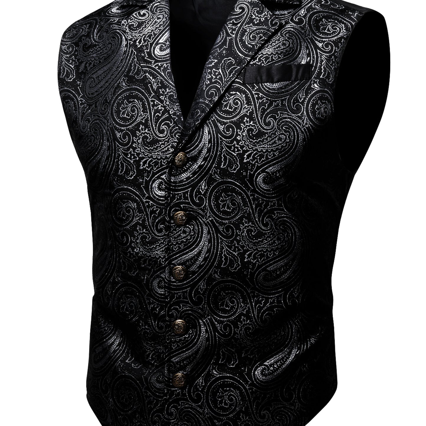 Large green satin jacaquard floral suit vest with tailored collar and copper buttons, suitable for Victorian steampunk and gothic themed events.