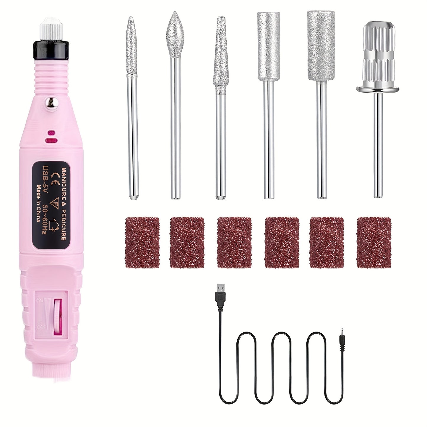 Portable electric nail drill kit with adjustable speed, USB-powered, includes multiple attachments for DIY nail art and manicure/pedicure, no battery required.