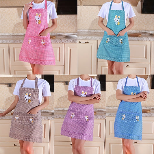 Polyester apron with cute bunny cartoon design in various colors, ideal for cooking and kitchen use. Adjustable straps for comfort.