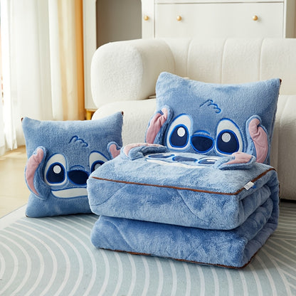 Disney Stitch 2-In-1 Pillow and Blanket Set, Modern Cartoon Theme, All-Season Polyester Woven Blanket, Portable and Multi-Purpose, Ideal for Travel and Office Use in Winter.