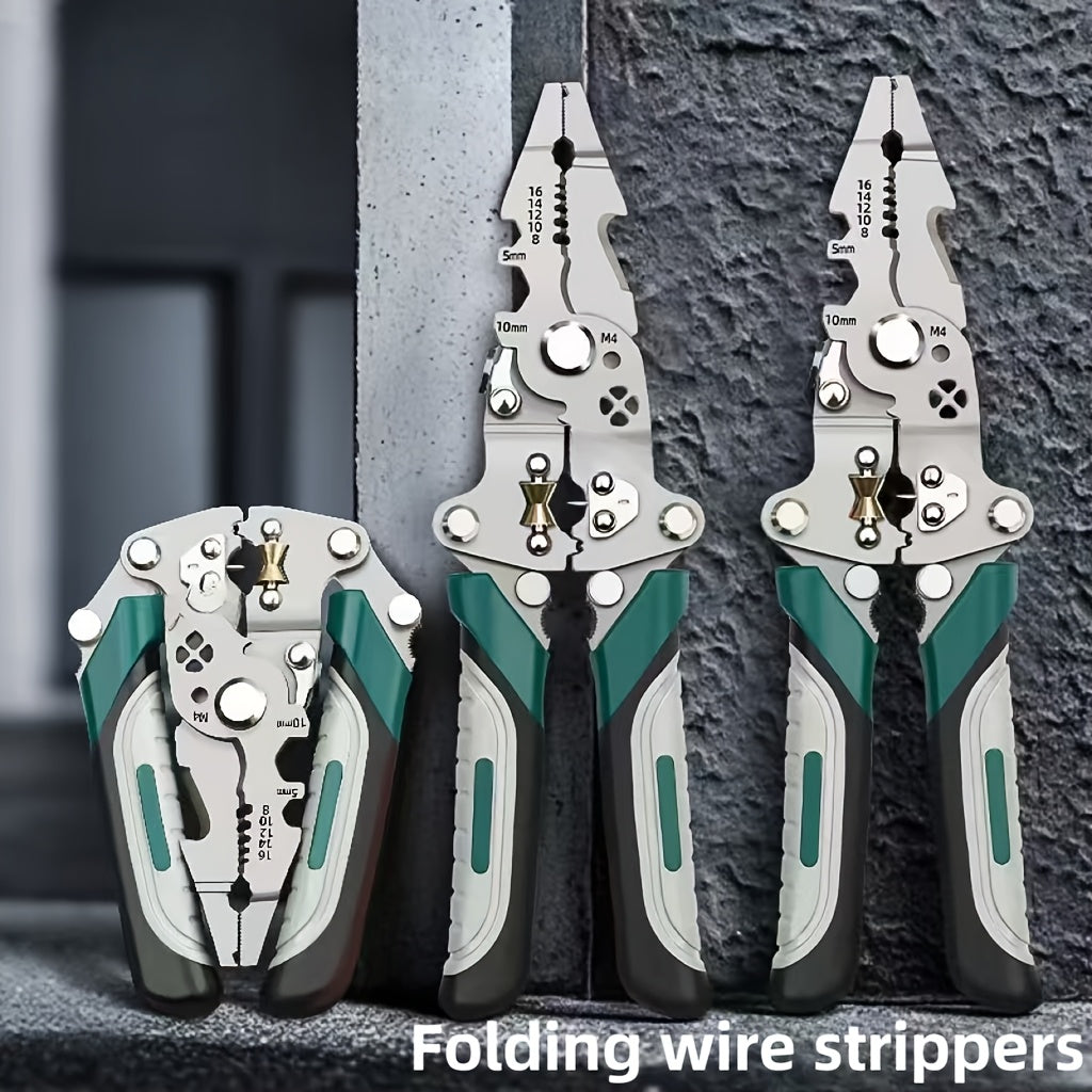 Multi-functional wire strippers made of industrial grade chrome vanadium steel with various functions for electricians, home renovation, and DIY projects.