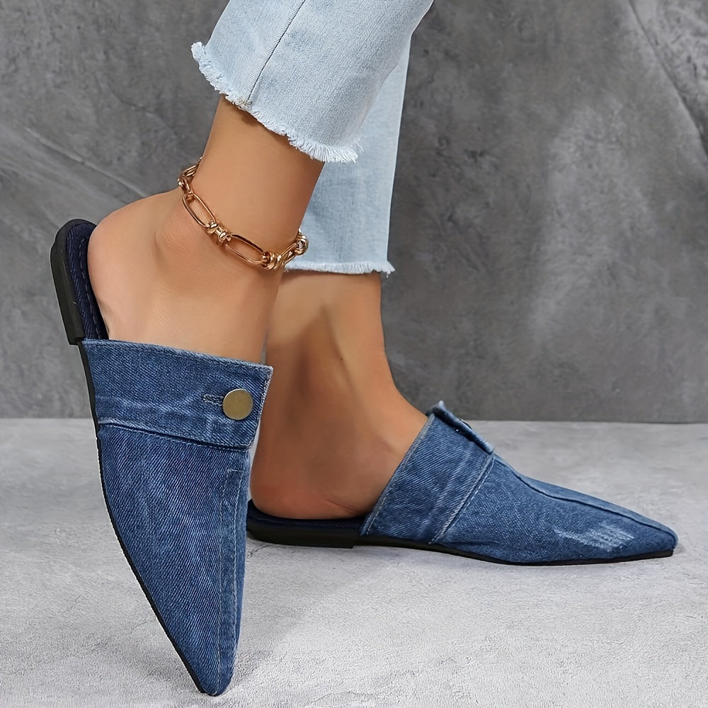 Women's Denim Flat Mules with Pointed Toe for Casual Outdoor Wear