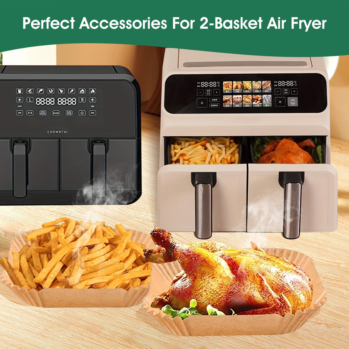 50-pack of disposable air fryer liners, square non-stick parchment paper that is oil and water proof. These lead-free food-grade baking sheets are perfect for air fryer cooking.