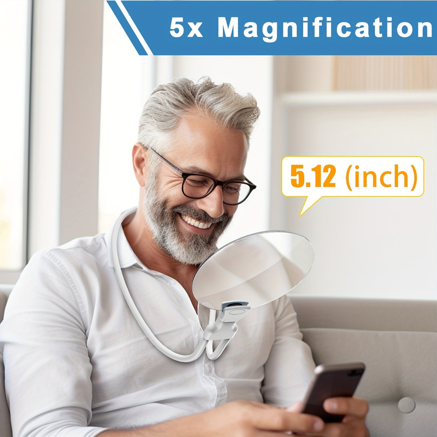 5X magnifying glass with 13.0cm lens and hands-free adjustable neckwear, perfect for seniors for activities like reading, sewing, crafting, and cross stitch. No battery required.