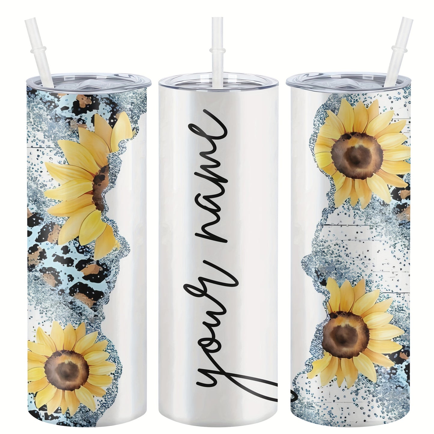 Customized sunflower stainless steel water bottle, 20oz with lid and straw, BPA-free, shatterproof, machine washable, perfect for outdoor travel and Valentine's Day gift.