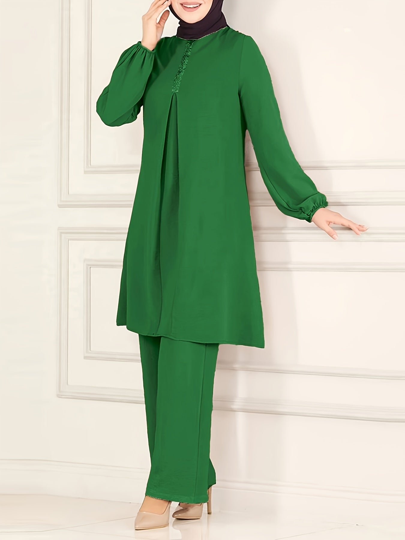 Ramadan Elegant Solid Muslim Two-piece Set for Women: Long Sleeve Crew Neck Top with Straight Leg Pants.