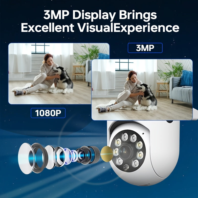 One piece of a 3MP HD Wireless Surveillance Camera with 2.4G WiFi connectivity for indoor security. Features include Pan/Tilt 360° view, Color Night Vision, Two-Way Audio, SD Card Slot, USB Powered, and 1440p resolution.