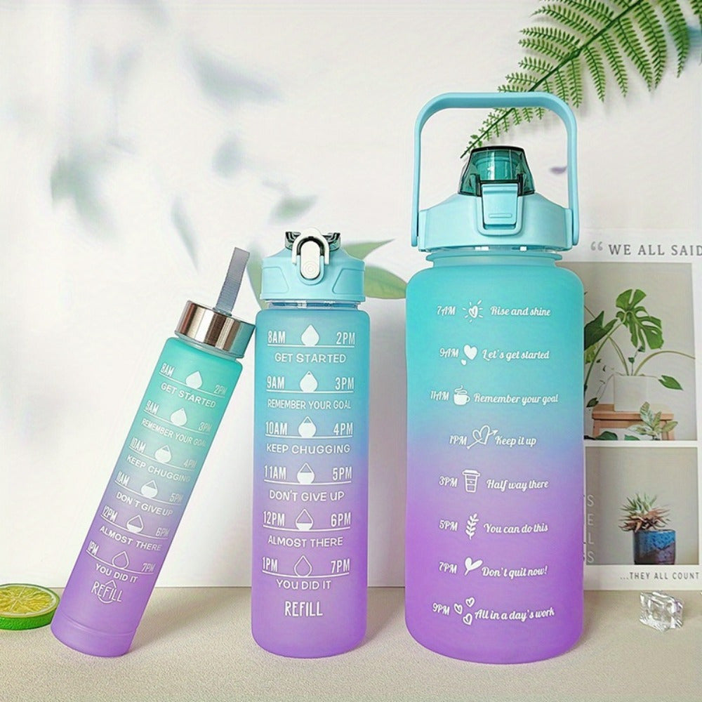 300ml/750ml/2L Gradient Color Frosted Water Bottles with straw, leak-proof design. Ideal for outdoor activities.