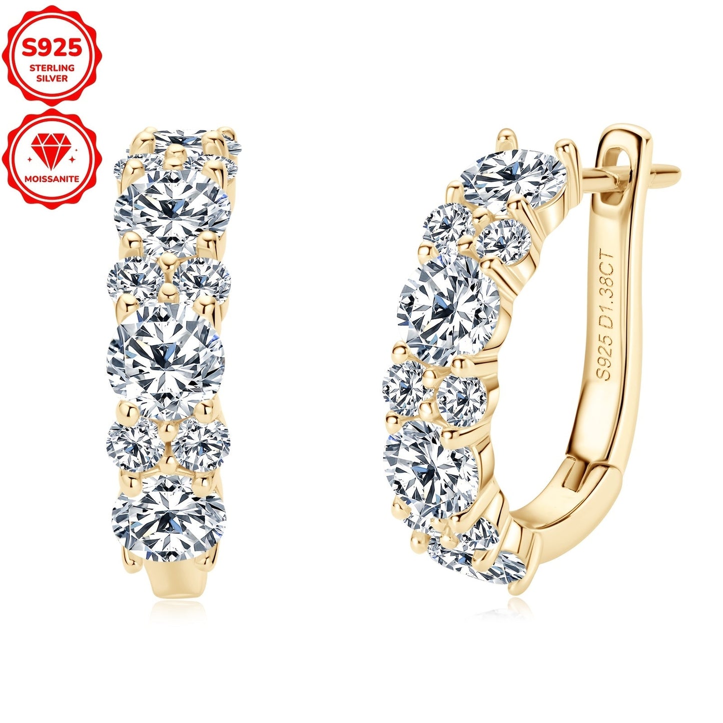 Elegant and luxurious, these hoop earrings are made of 925 sterling silver plated with synthetic moissanite stones. With a 14K golden finish, these earrings feature a total silver weight of 2.36g and are adorned with 4mm and 2mm stones totaling 1.38ctw.