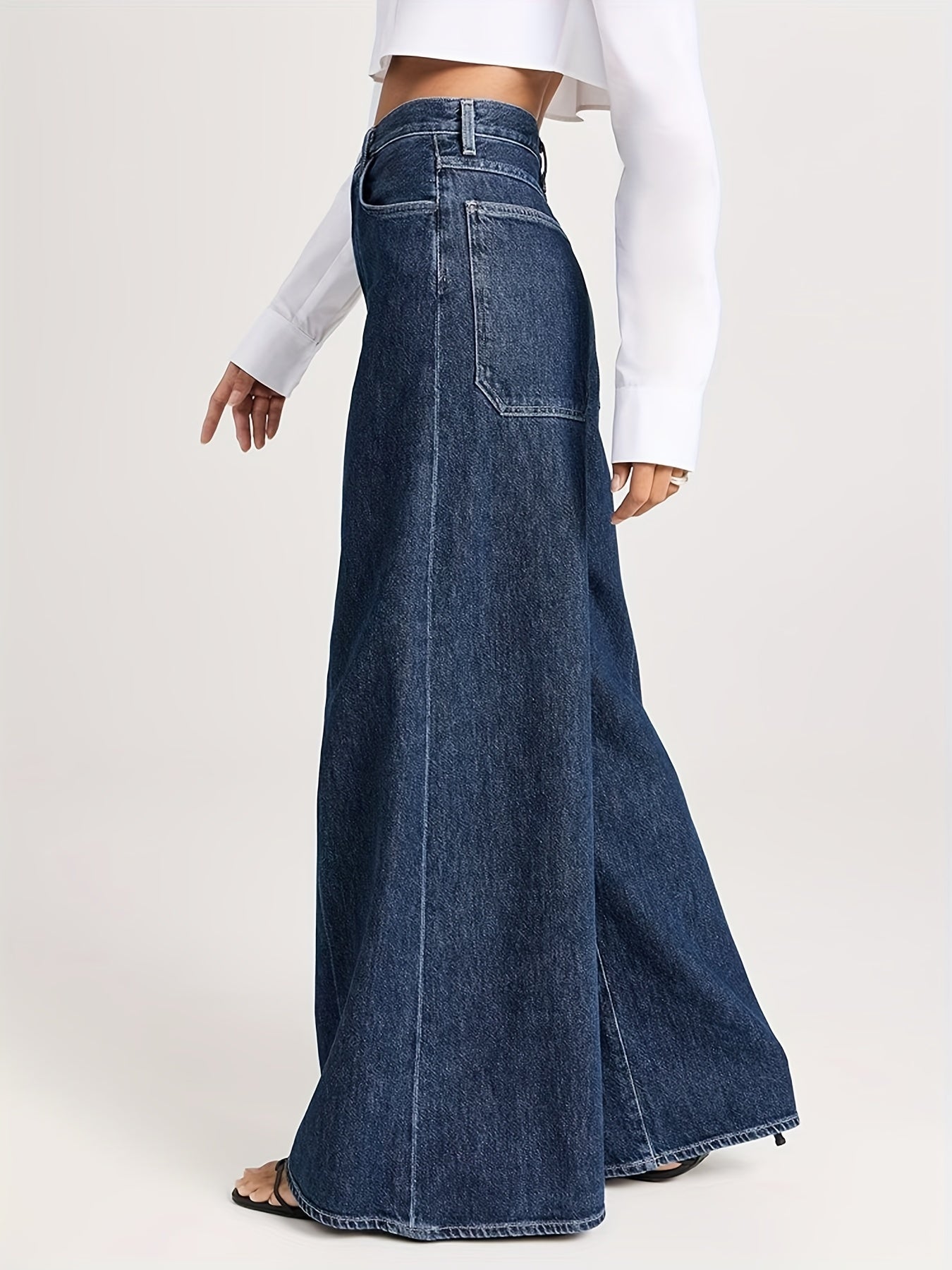 Women's casual high-waisted wide leg denim jeans with solid color, washed finish, medium stretch fabric, suitable for four seasons, and woven material.