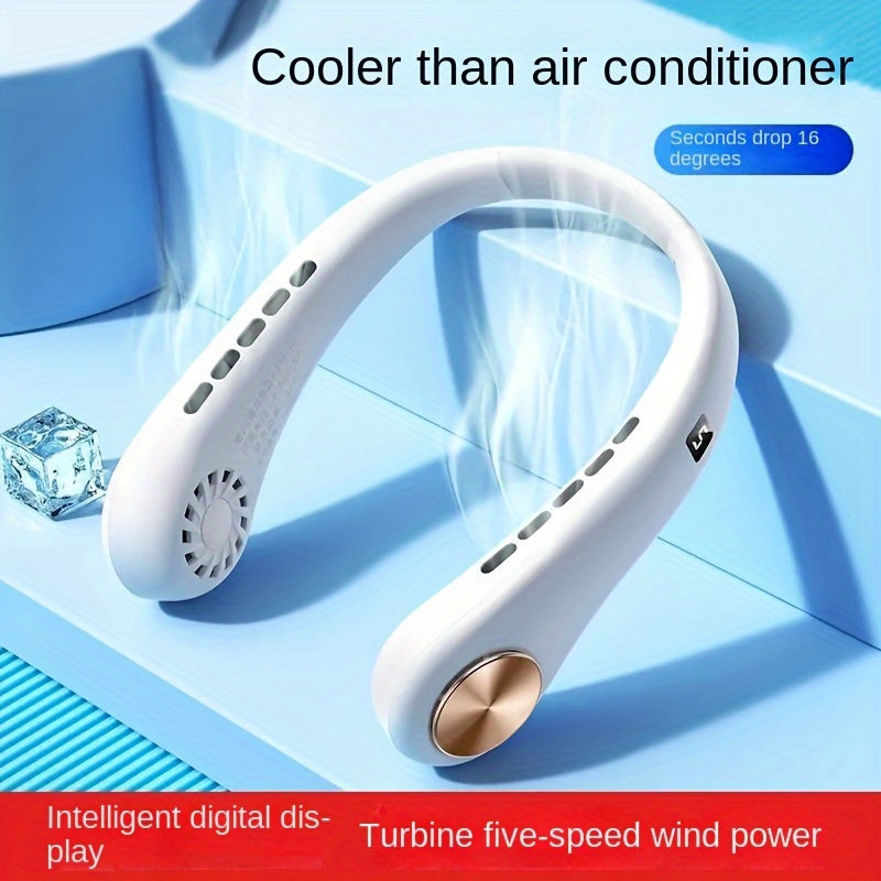 Stay cool on the go with our portable neck fan featuring a digital display, 5-speed wind options, leafless design, rechargeable lithium battery, USB charging capabilities, and a wearable design perfect for indoor and outdoor use. With key control for