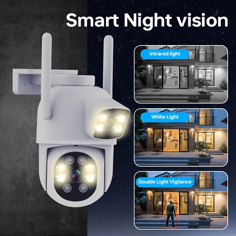 Two Smart Home Security Cameras with Dual Lens Offering 360° Pan & Tilt, Motion Detection, Two-Way Audio, Color Night Vision, Alarm Push, and IP65 Waterproof Rating. WiFi Compatible (2.4/5GHz) for Outdoor Surveillance.