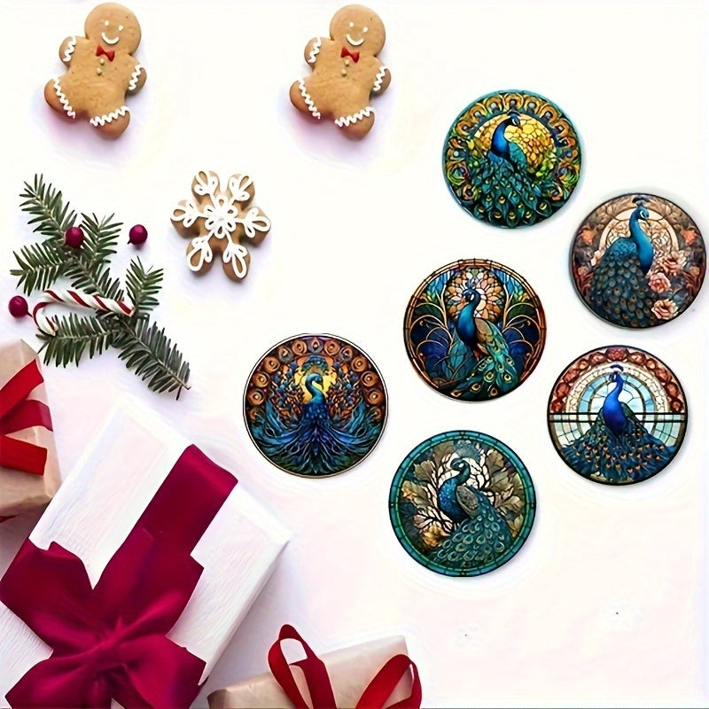 6 beautiful peacock coasters, 10cm/3.9in in size, ideal for coffee and tea, and a stylish addition to any kitchen or living room. Made of synthetic material.