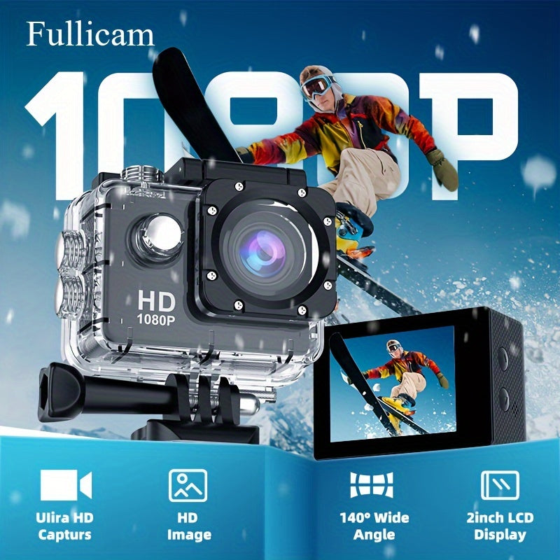 Fullicam HD sports camera with 1080P resolution, image stabilization, wide angle lens, manual exposure control, MP4 format, rechargeable battery, and accessory kit.