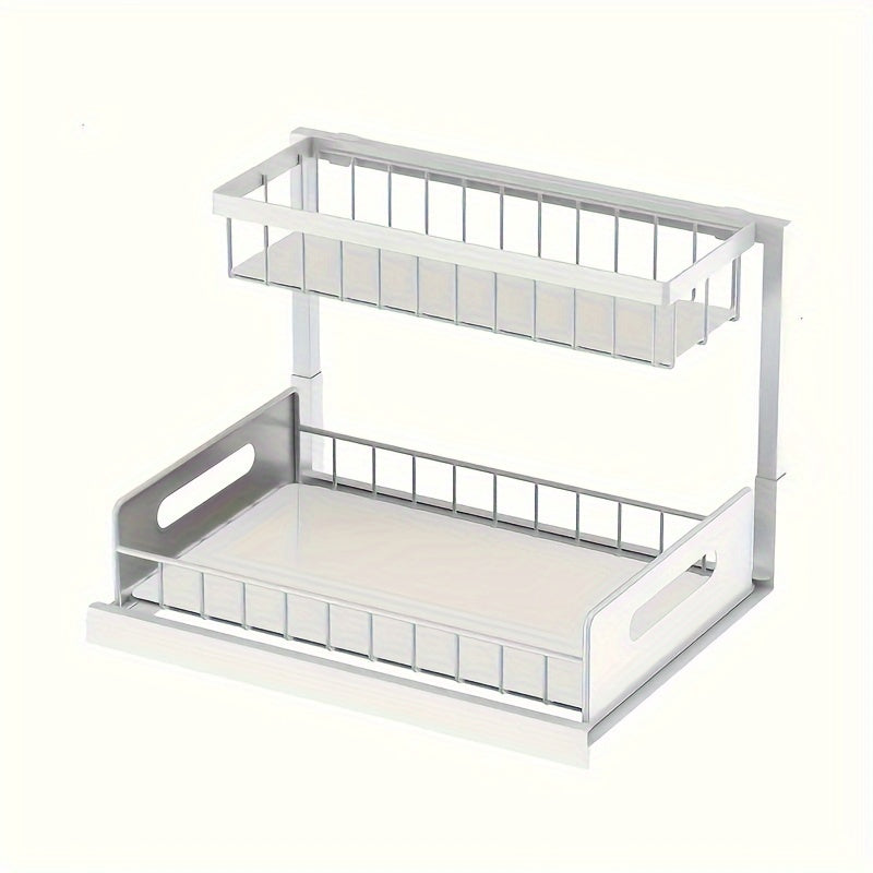 Double-Layer Pull-Out Under Sink Organizer, Carbon Steel Storage Shelf for Kitchen and Bathroom - Multi-Functional Rack for Condiments, Spices, Medicines, and Cosmetics - Available in Black/White