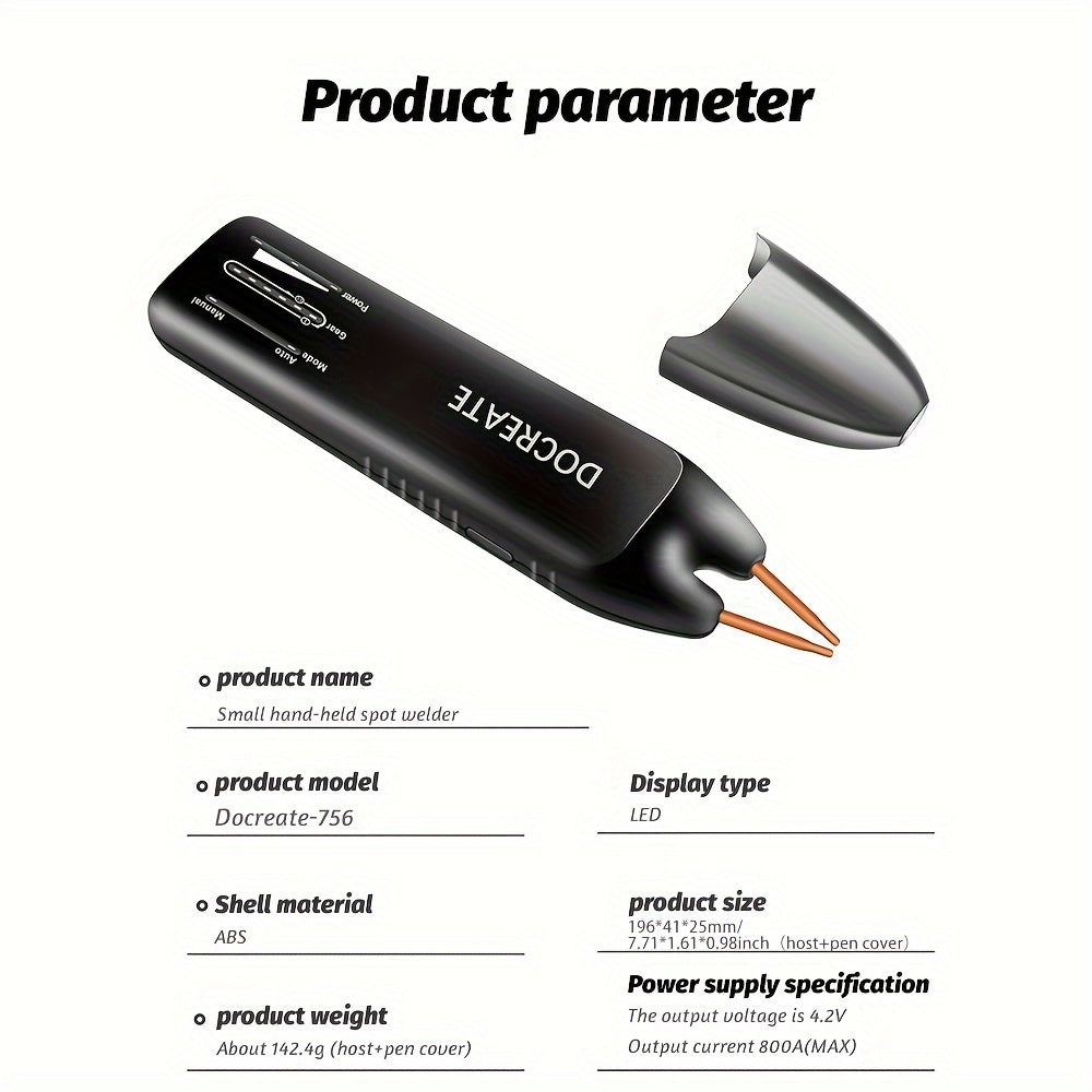 DOCREATE Portable Rechargeable Spot Welder with 11 adjustable levels, auto & manual modes, and high-speed 36V lithium power output. Ideal for 18650 batteries, nickel sheets, and iron.