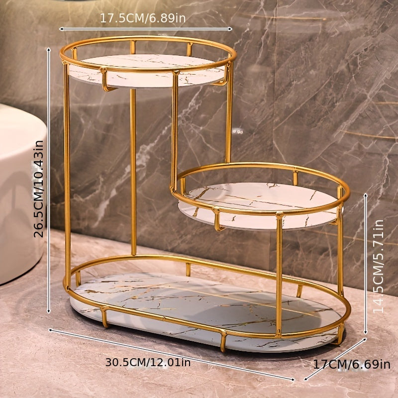 Durable cast iron 3-tier bathroom organizer for cosmetics, perfumes, skincare, and toothbrushes with washable UV panel.