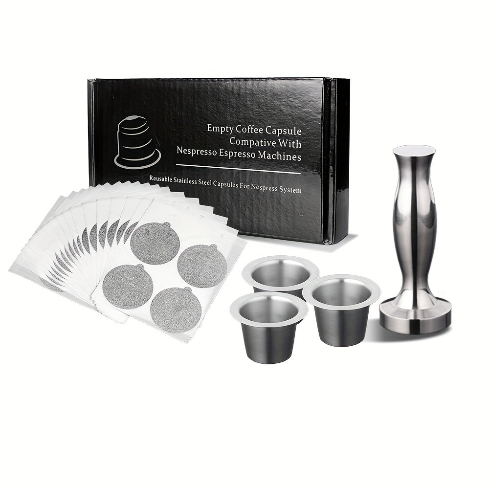 Refillable Coffee Pod Filters Set with Tamper - Stainless Steel Nespresso Compatible Coffee Capsules and Foil Seal Stickers