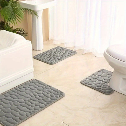 Thickened memory foam bath mat set includes non-slip floor mat, toilet mat, and soft absorbent foot mat.