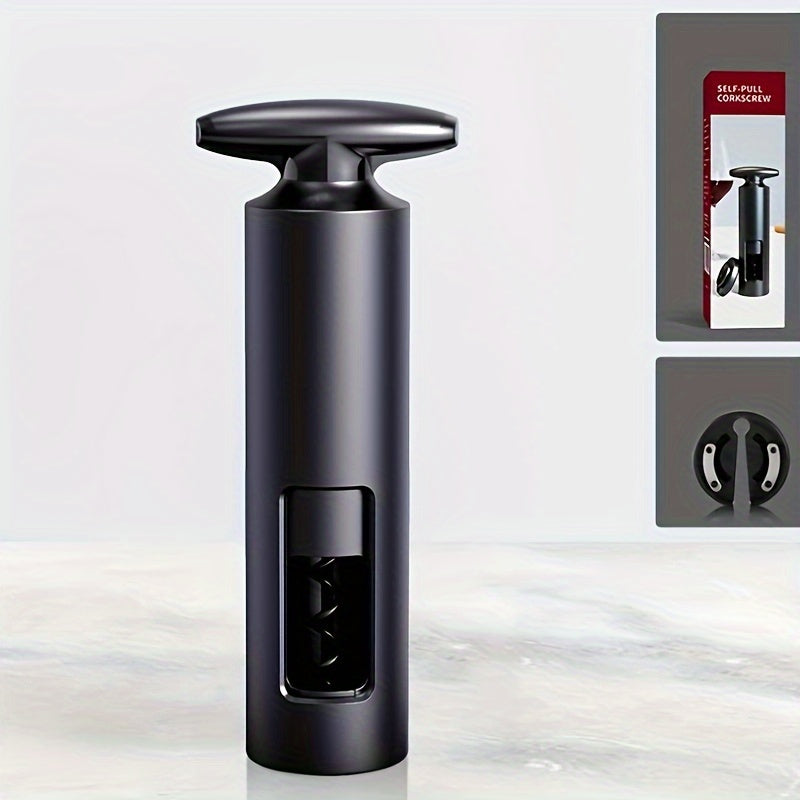 Effortless T-shaped manual wine bottle opener with plastic corkscrew, ideal for home and bar use.