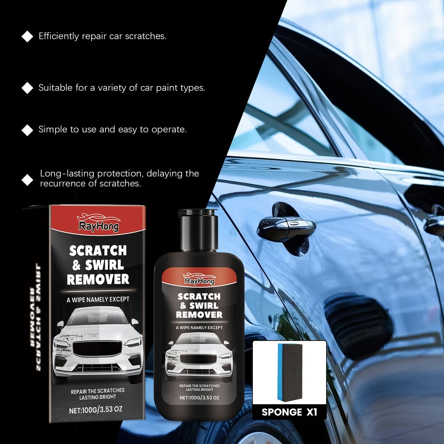 Get the Rayhong Car Scratch Repair Cream for a fast and effective solution to auto body scratches. This long-lasting formula provides protection and restores shine without harmful residues. Safe for metal surfaces, this cream contains sodium bicarbonate