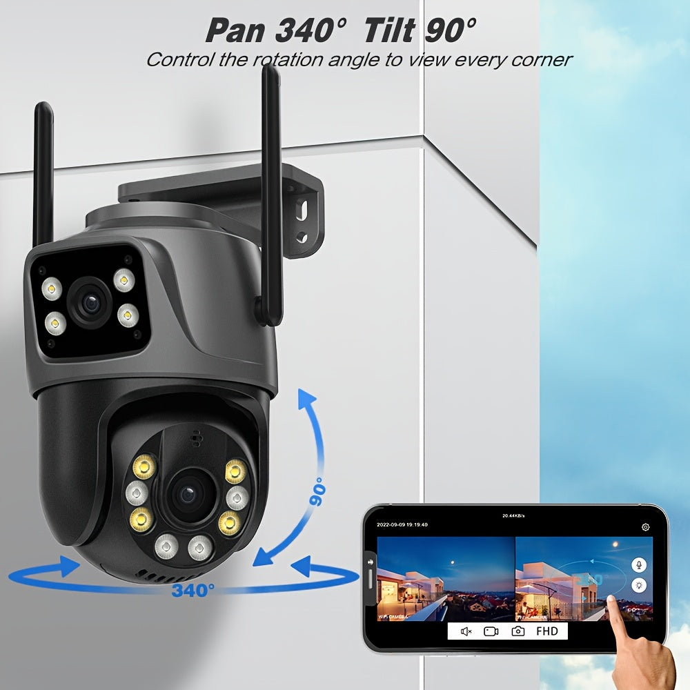 ANSCHIAT Outdoor Security Camera with 2 dual 4MP lenses, WiFi connectivity, motion detection, 360° rotation, two-way communication, full color night vision, and storage compatibility. EU