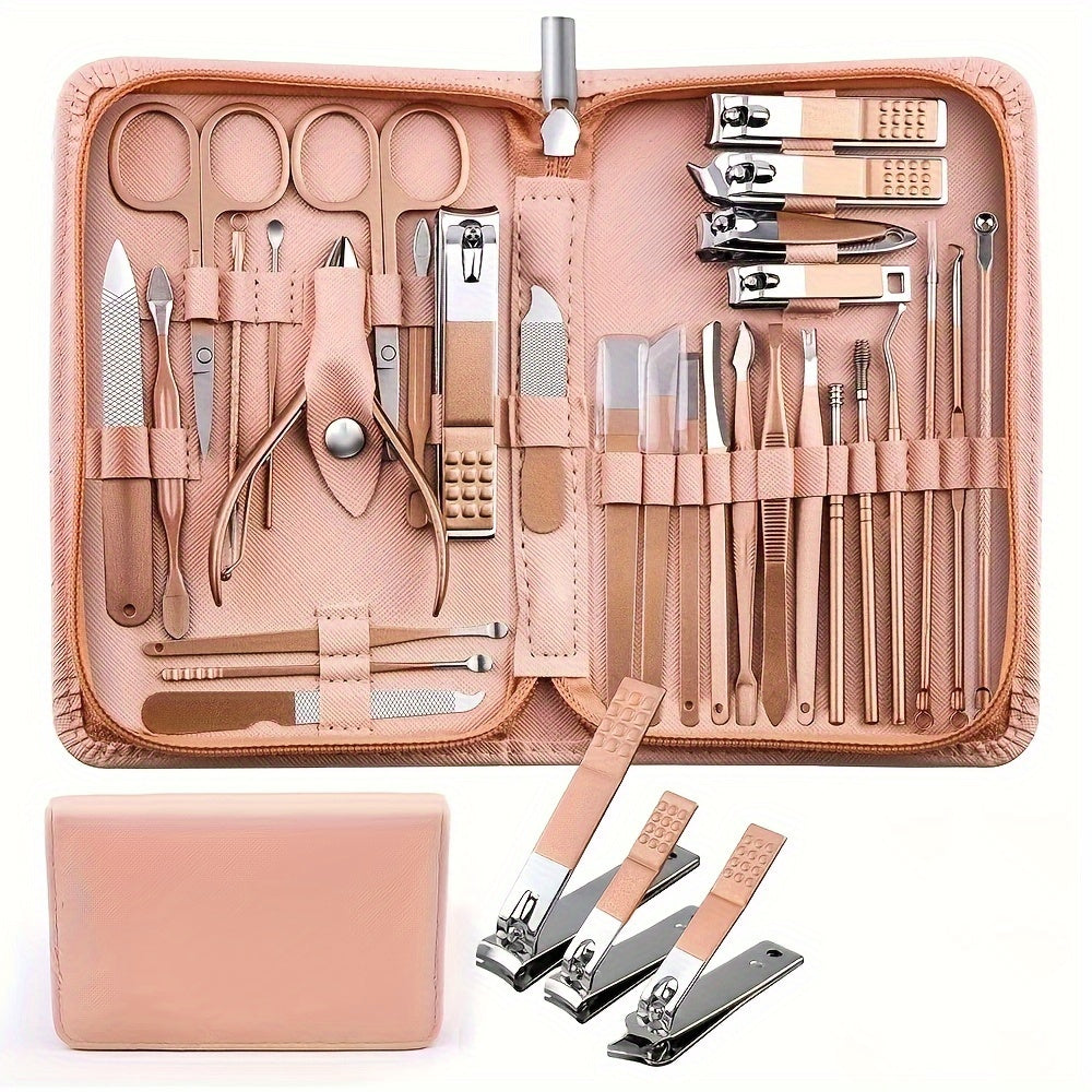 Deluxe 30-piece nail care set with stainless steel tools and rotating head in compact blue travel case. Ideal for manicures and grooming.