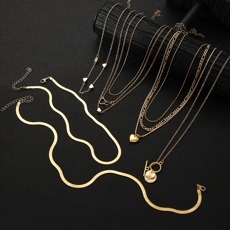 Set of 10 Elegant Minimalist Punk Style Layered Flat Snake Chain Necklaces with Fashionable Heart Pendants for Women. Multi-Layered Stackable Jewelry Set, Perfect for Daily Wear or Parties. Versatile and Stylish Accessory, Ideal for Hip-Hop Streetwear