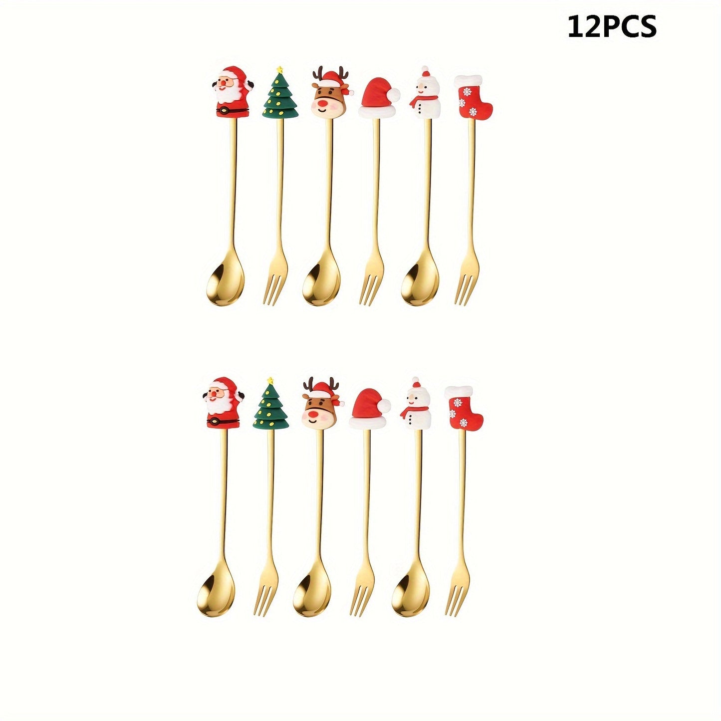 Set of 12 golden and silvery Christmas-themed coffee spoons, featuring cute doll designs. Made of stainless steel, this mixed set is perfect for use in restaurants during Christmas parties for serving desserts, coffee, milkshakes, jams, chocolates, and