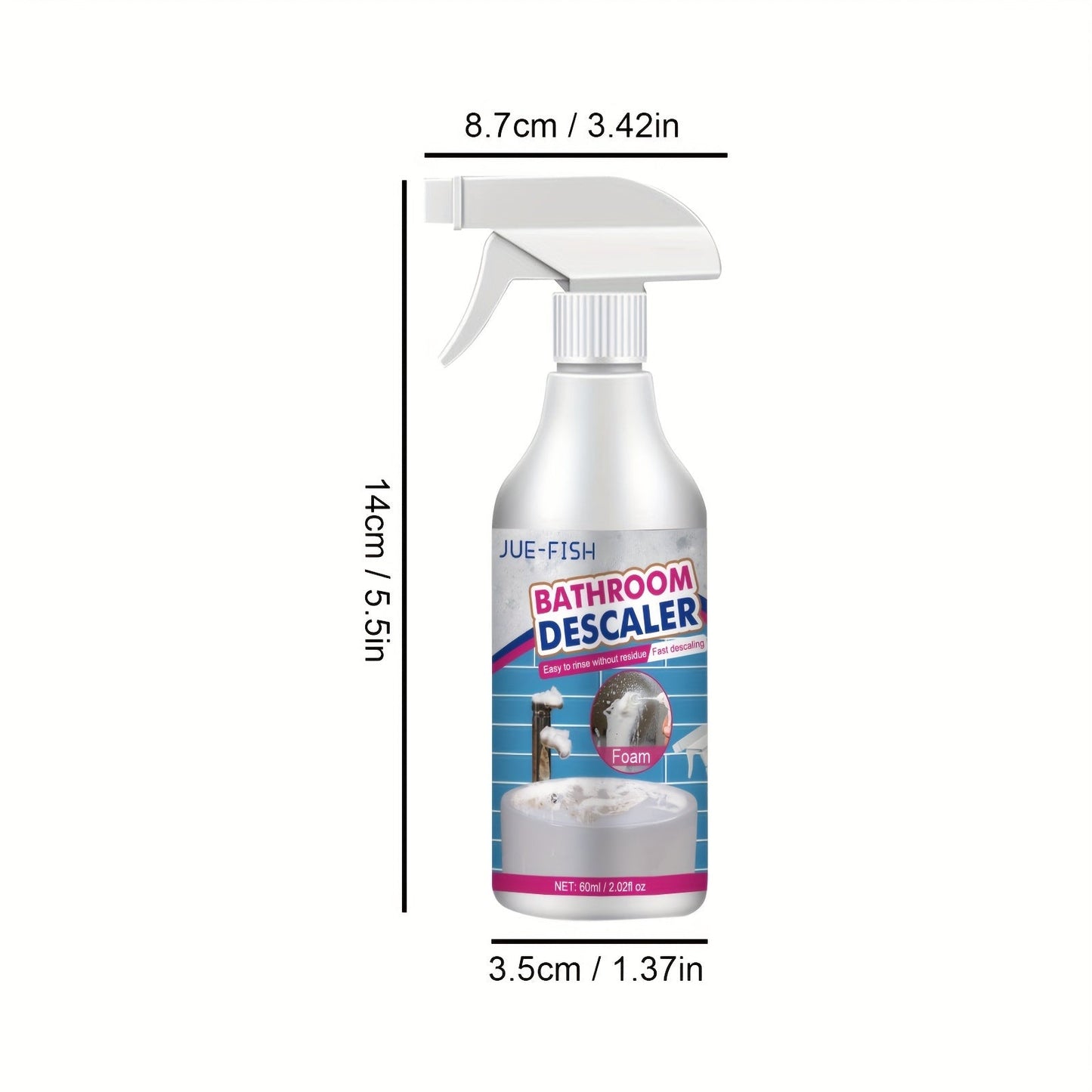 Keep your bathroom sparkling clean with JUE-FISH Foam Bathroom Descaler Spray! This special formula features Citral Ingredient for a residue-free finish on metal surfaces. Say goodbye to soap scum and grime on shower glass, stainless steel sinks, and