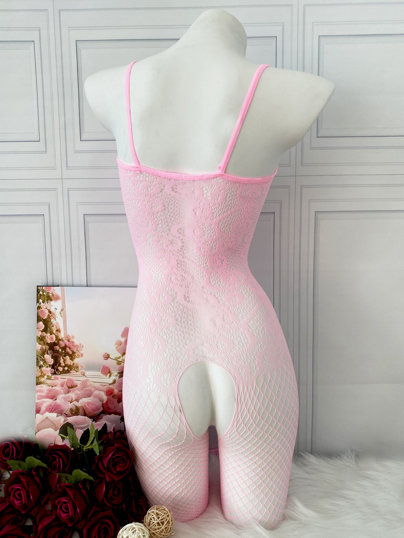 Sexy Jacquard Knit Bodysuit for Women - Fishnet design with front bow detail, open crotch lingerie for intimate nights and special occasions