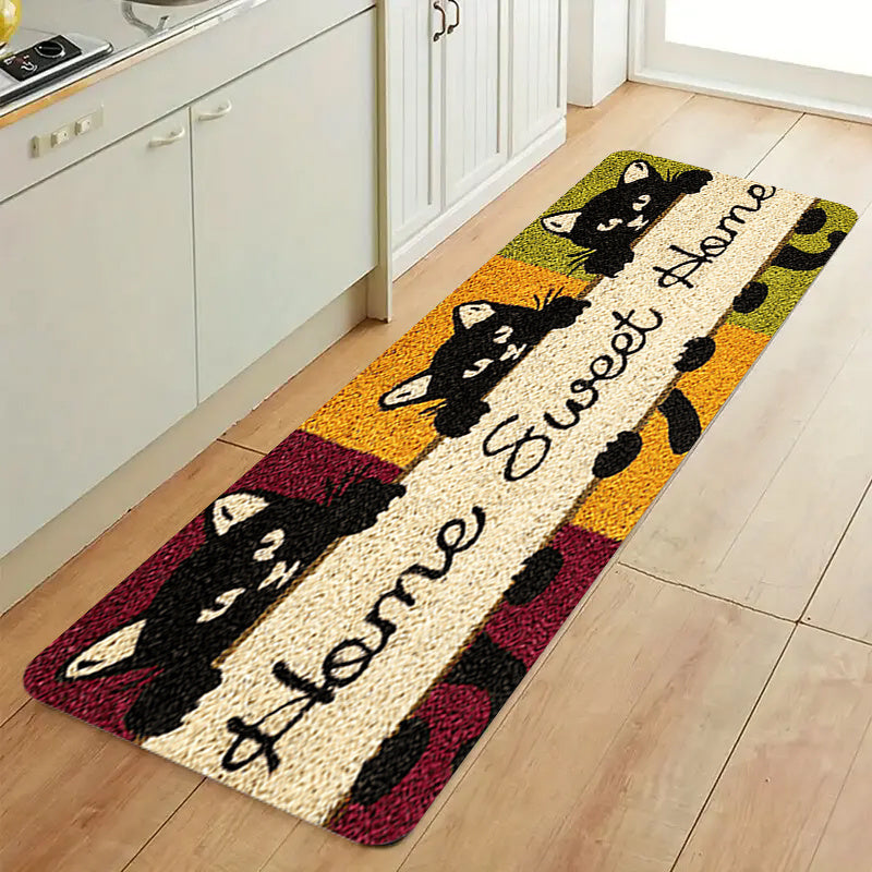 An enchanting rug designed with playful cartoon cats to reduce fatigue, perfect for entryways, living rooms, bedrooms, kitchens, and bathrooms with anti-slip features.