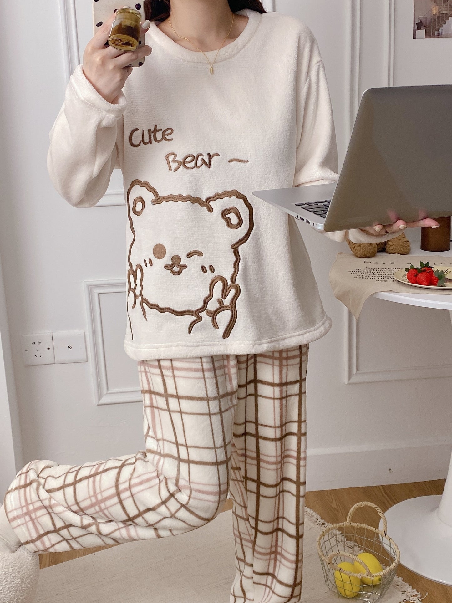 Women's cozy fleece pajama set with cute cartoons & letters, includes long sleeve top, plaid pants, perfect for fall & winter