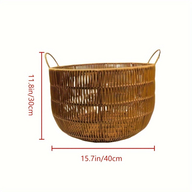 Spacious Round Hamper with Handles - Waterproof Imitation Rattan Laundry Basket for Clothes, Toys & Bathroom Storage