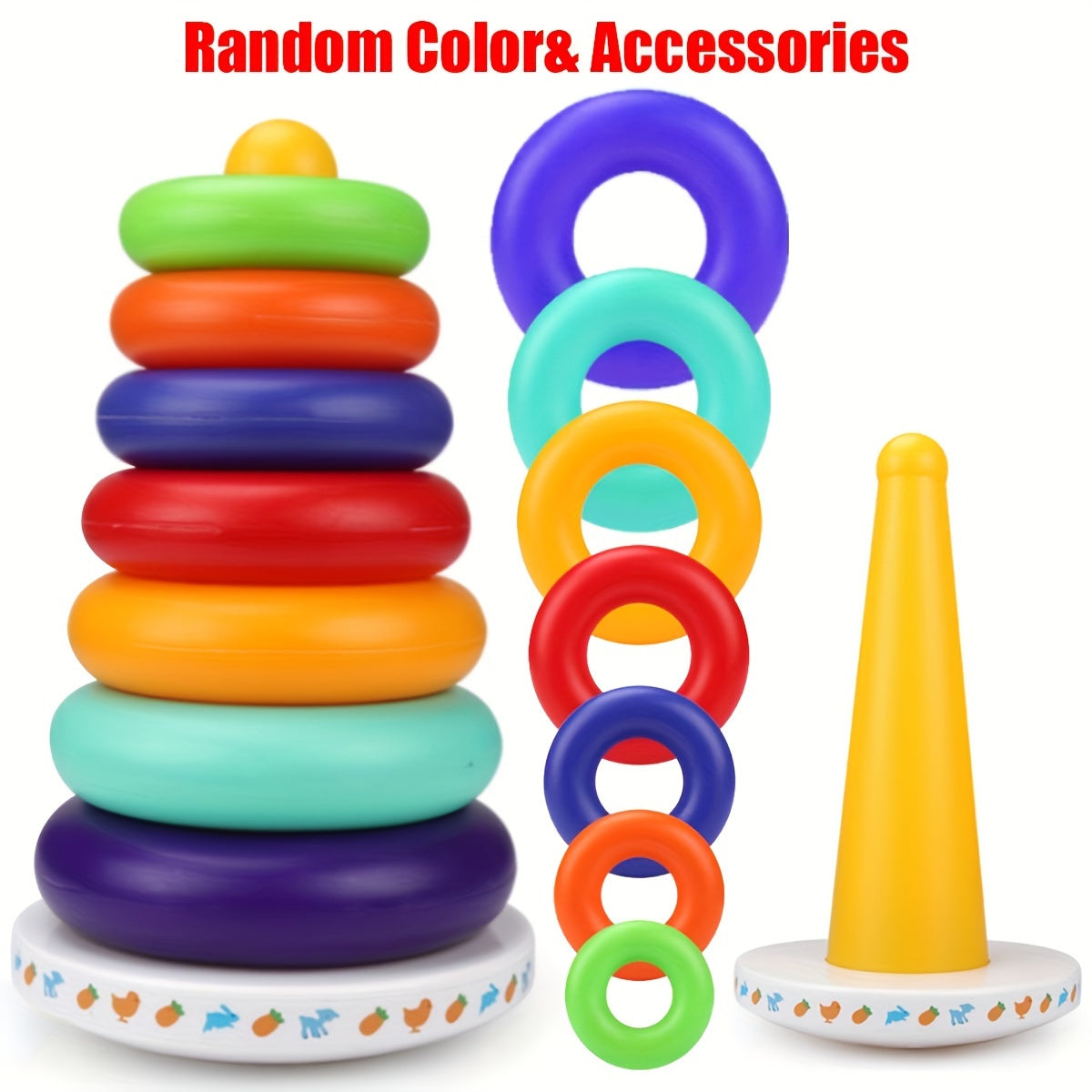 Toy Set: 6 Ring Rainbow Stacking Tower with Music and Colorful Blocks - Enhance Fine Motor Skills and Cognitive Development, Interactive Educational Toy for Preschoolers with Accessories, Perfect Holiday Gift.