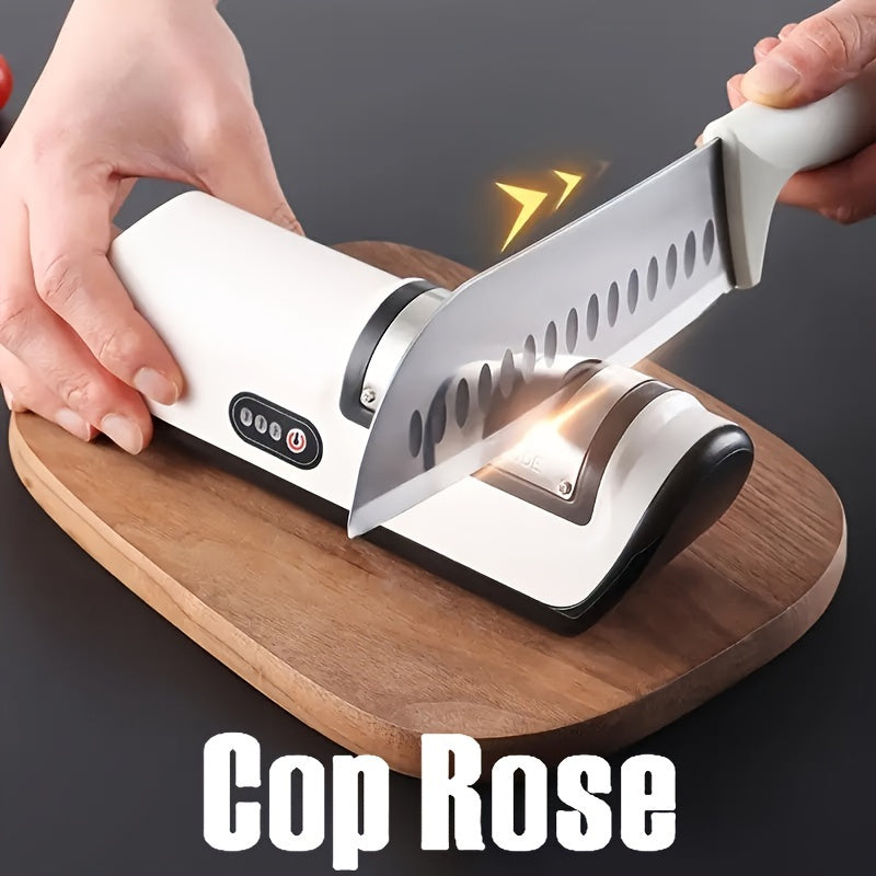 Cop Rose presents a USB rechargeable electric knife sharpener designed for precision sharpening in the kitchen. This compact and automatic gadget features 2-speed adjustment for versatile use. It is a multifunctional household tool and a sharpening stone