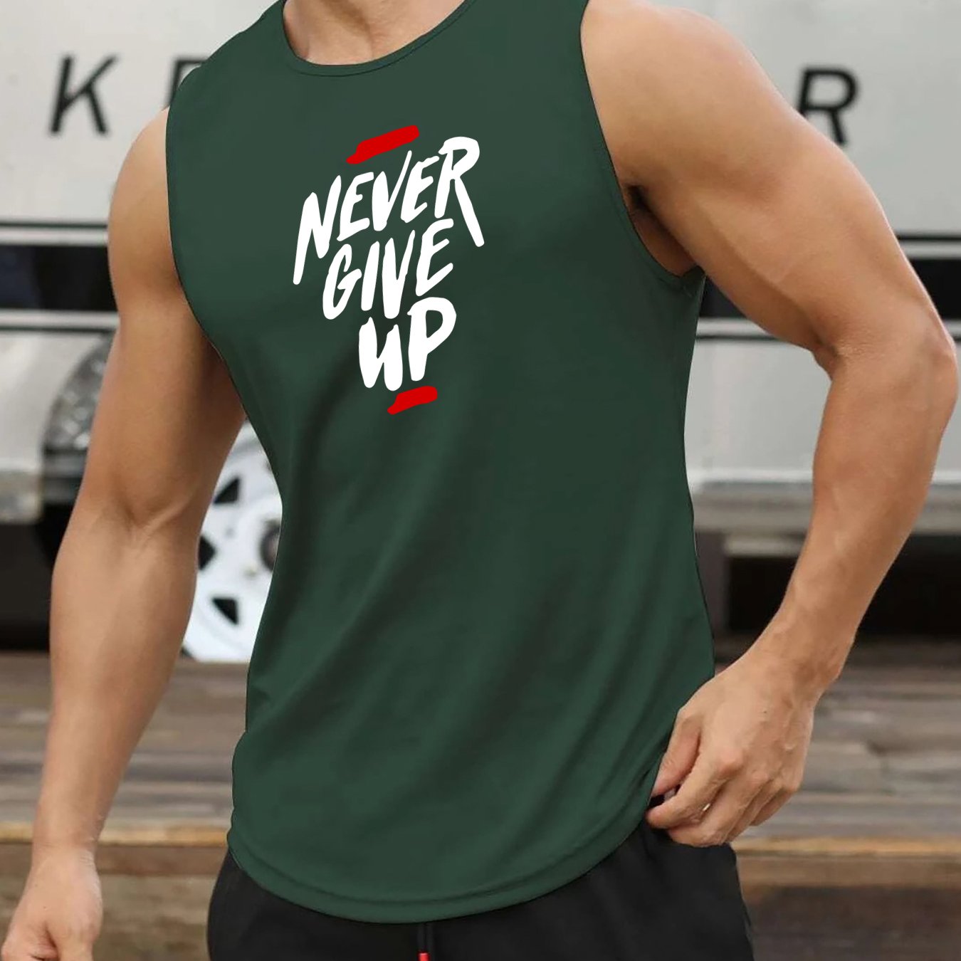 Comfy and breathable tank top for men, perfect for summer workouts and basketball training. Features bold "Never Give Up" print.