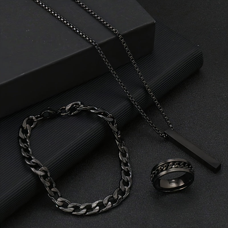 Stylish 3-piece men's jewelry set: black pendant necklace, bracelet, and ring made of durable stainless steel. Perfect Valentine's Day gift.