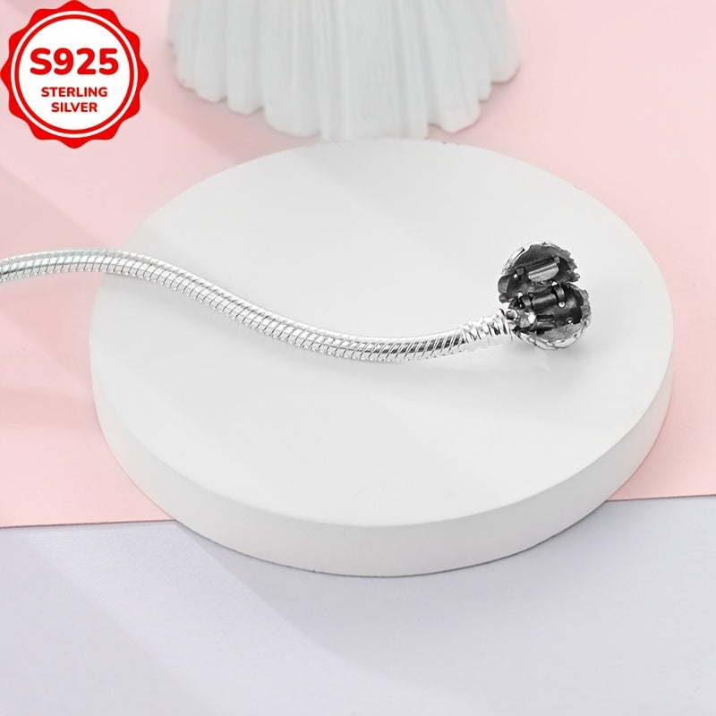 925 Sterling Silver Heart Snake Bone Bracelet with Sparkling Grid Design, Ideal for Charm Beads and Casual Attire