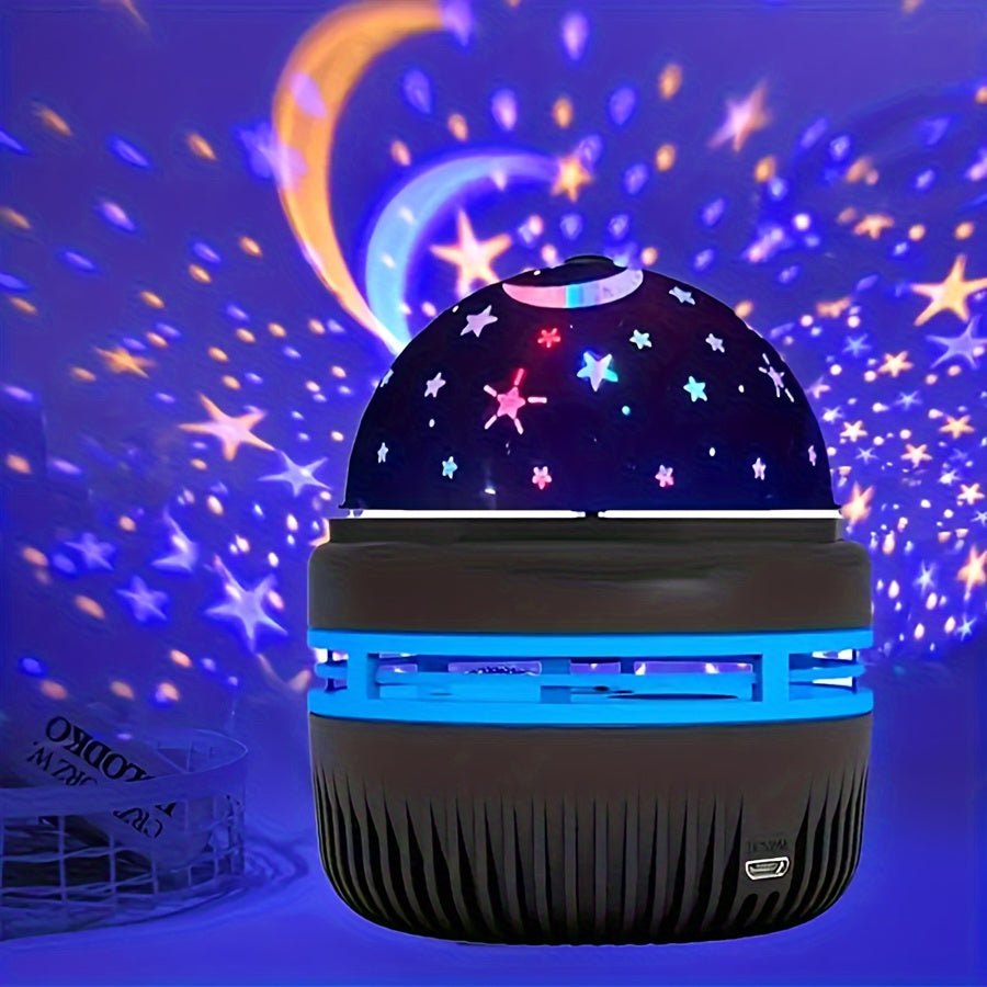 USB-powered LED night light rotates projections of stars and moons. Features independent stand and plastic disco ball design. Suitable for bedroom ambiance, home theater decor, party favors, Halloween, Christmas. No battery needed.