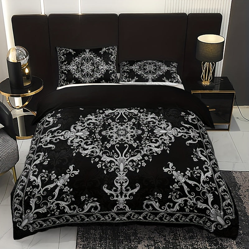 3-piece duvet cover set with pillowcases, breathable polyester, digital print black and white damask pattern, machine washable, no duvet insert, 90g fabric weight