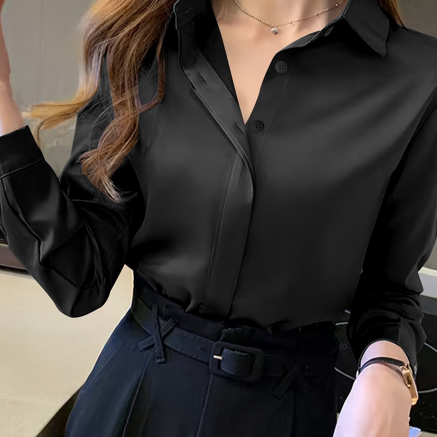 Stylish navy blue long sleeve blouse for women - suitable for work, semi-sheer polyester with button detail, ideal for spring/fall