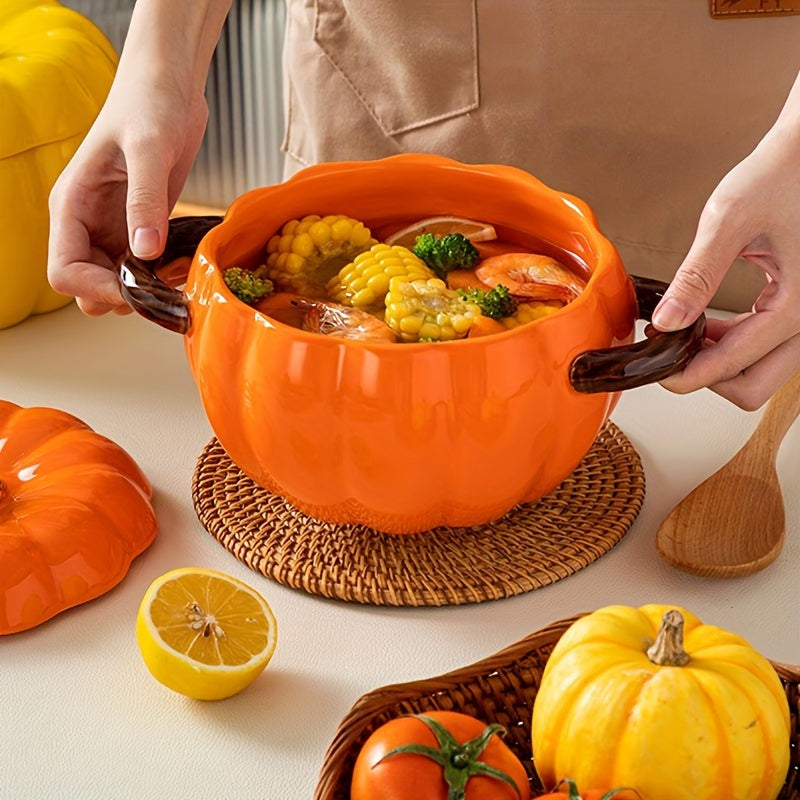 Get into the festive spirit with this spacious ceramic soup pot designed in the shape of a large pumpkin. Complete with a lid and dual-handles, this pot is dishwasher safe and perfect for cooking up your favorite stews and salads. It makes an ideal gift