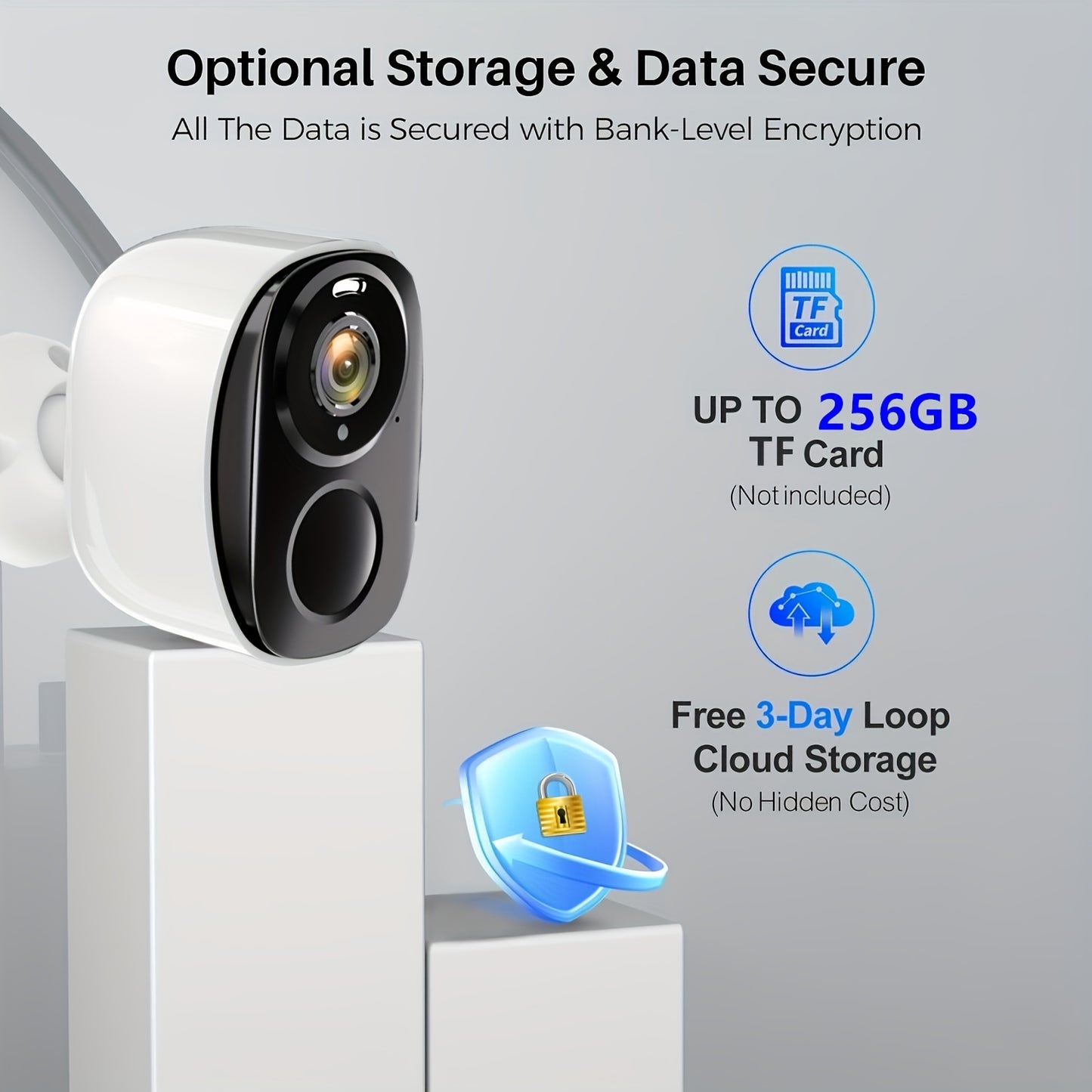 3MP outdoor wireless security camera with 5000mAh battery, cloud/SD storage (up to 256G), AI motion detection, spotlight, color night vision, WiFi two-way audio, and three days of free