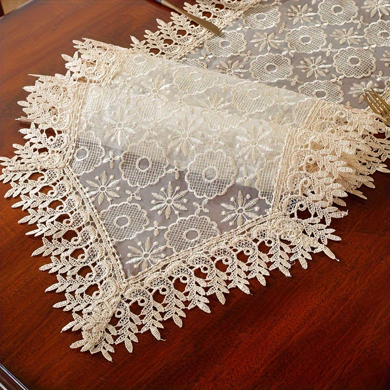 Polyester table runner with white embroidery flowers and lace edge, perfect for room or dining table decor.