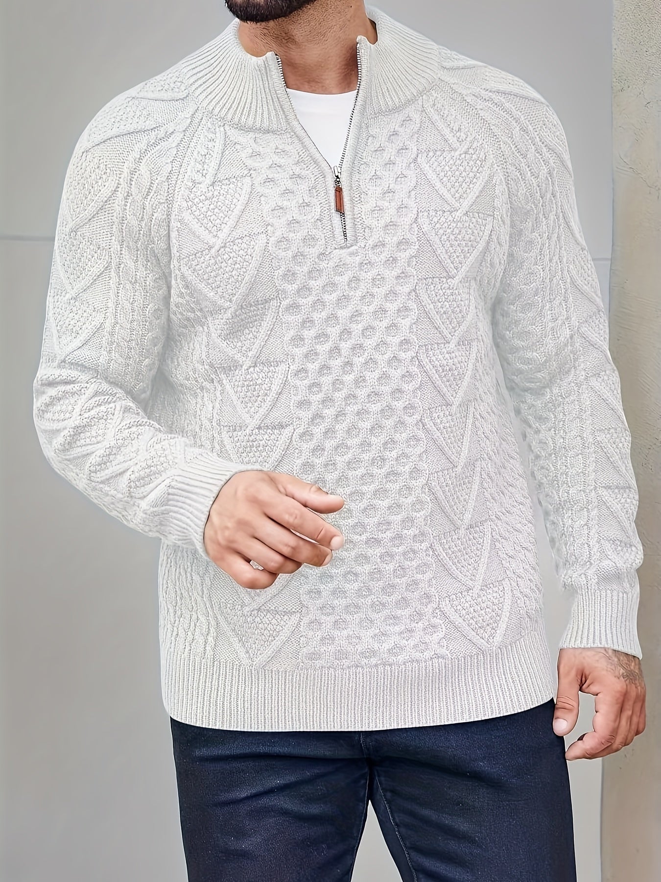 Plus size men's polyester pullover sweater with stand collar, zipper detail, and solid color, perfect for fall/winter.